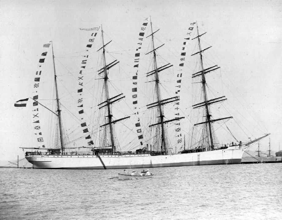 Training ship "Herzogin Sophie Charlotte" on the birthday of H.M. Kaiser Wilhelm 2 1902.  Built in 1894 at Bremerhaven as "Albert Rickmers" by Rickmers for themselves.  A 4 masted steel Barque, she was purchased by North German Lloyd in 1900 and used as a