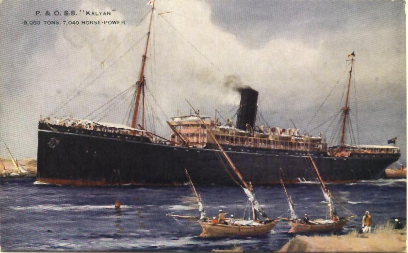 Passenger Liner "S.S. Kalyan", built in 1915, owned by P & O Steam NavigationCo Ltd.  "Kalyan" made her first appearance in Southern waters when she left London on 22 december 1922 for a single round trip.
Tonnage:  9144 gross
Dimensions:  length 480', 