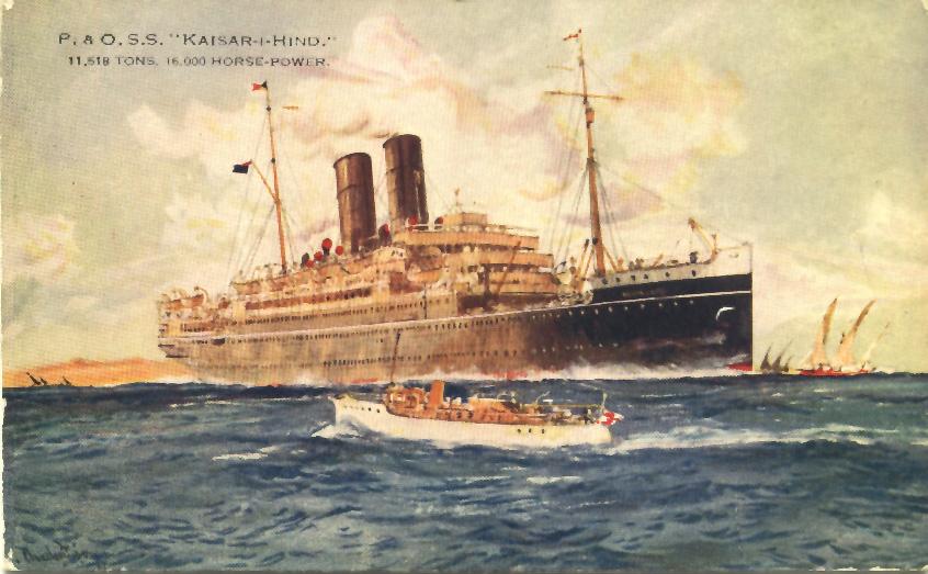 Passenger vessel "S.S. Kaisar-I-Hind", built in 1914.  This vessel has a passenger capacity of 315 first class, 233 second class with a crew of 367,powered by a quadruple expansion engine, this vessel had a speed of 17 knots.  She created a new record for