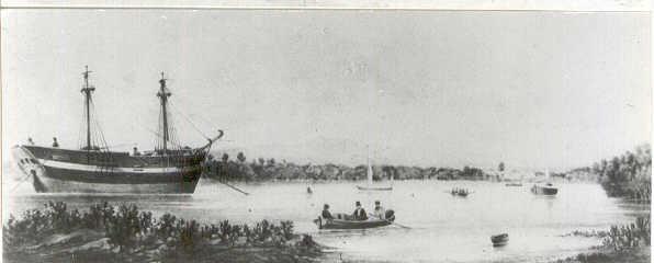 Landing at Old Port.  Adelaide's first port (1839) - a distant view of the landing place at Old Port, which was selected by the pioneers as offering the best natural facilities with the intervening belt of mangroves being scarcely 400 yards through.  In 1