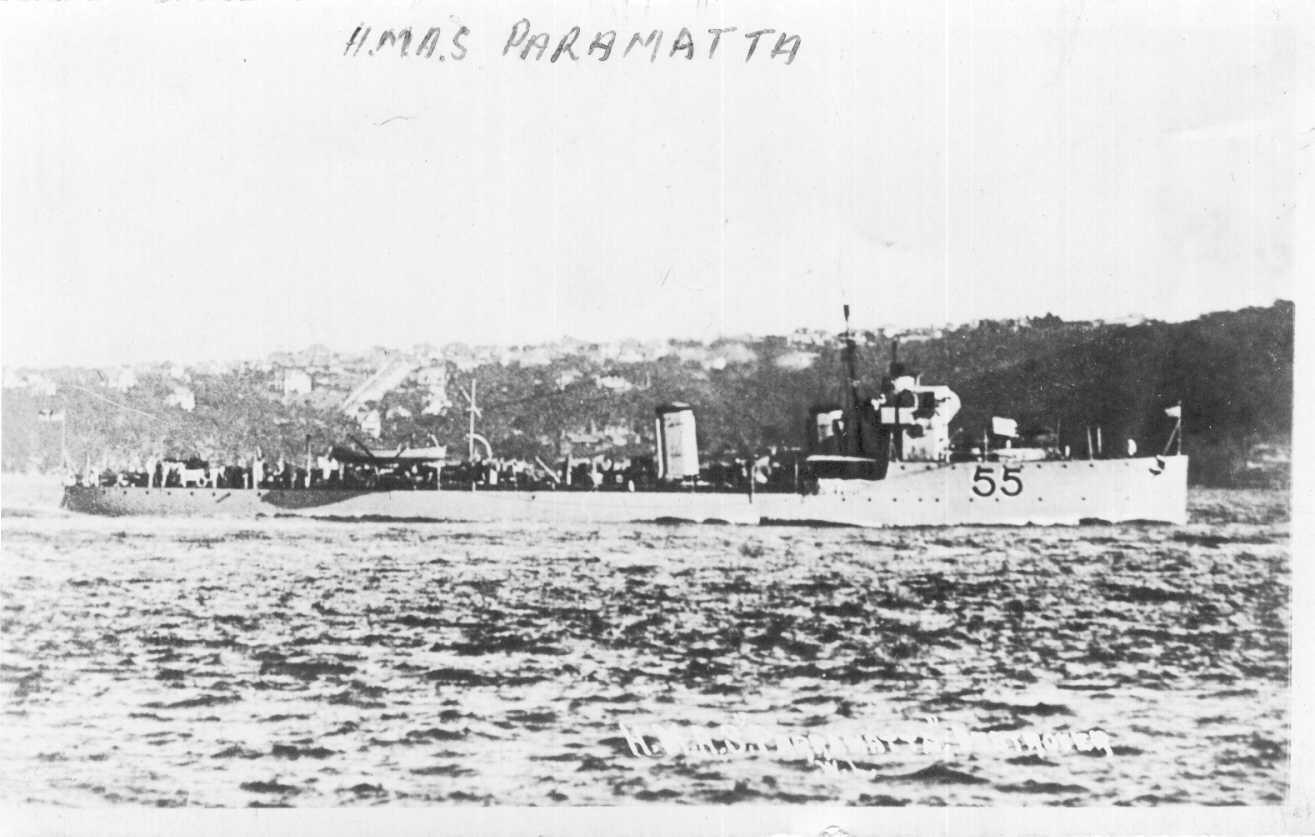 "H.M.A.S. Parramatta", laid down 17-3-1909, launched 9-2-1910, commissioned 10-9-1910.  A River class torpedo boat destroyer, costing 81,500 pounds.  She was paid off in 1928 & dismantled in 1929 and subsequently sold, foundered on 8-12-1934.
Dimensions: