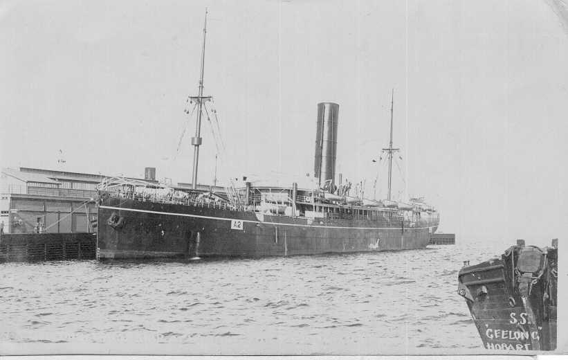 Passenger Vessel "Geelong", built in 1904 by barclay, Curle & Co Ltd - Glasgow.  Owned by Blue Anchor Line Ltd and managed by W Lund & sons.  "Geelong" was the newest and largest of the five Blue Anchor Line ships purchased by P & O in 1910 and transferre