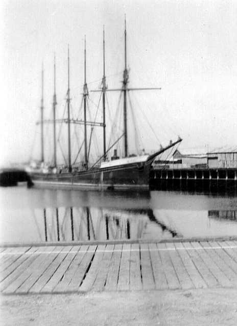 The 6 masted schooner "Dorothy H Sterling", another of the Americans which brought timber to South Australia from their west Coast.  Built in 1920 at Portland as 'Oregon Pine'  by Peninsula Shipbuilding Co.  Official Number - 220005.  Gross tonnage of 252