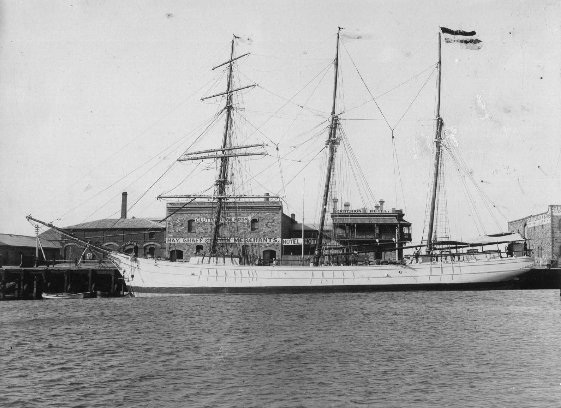 Barque "Thekla", built in 1881 at Dundee by A Stephen & Son.
Tonnage:  898 gross
Dimensions:  length 204', breadth 34', draught 19'