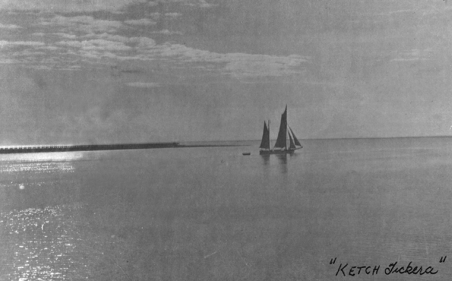 Ketch "Tickera", built in 1910 by Taylor & Hamilton, Birkenhead, SA.  She had an auxiliary engine fitted in 1923 of 18 bhp & 5 knots.  Owned by Walter Dorey until 1919 when she was owned by Edward J Wright.  In 1925 by J Heritage, by 1941 by R.M. Crouch &