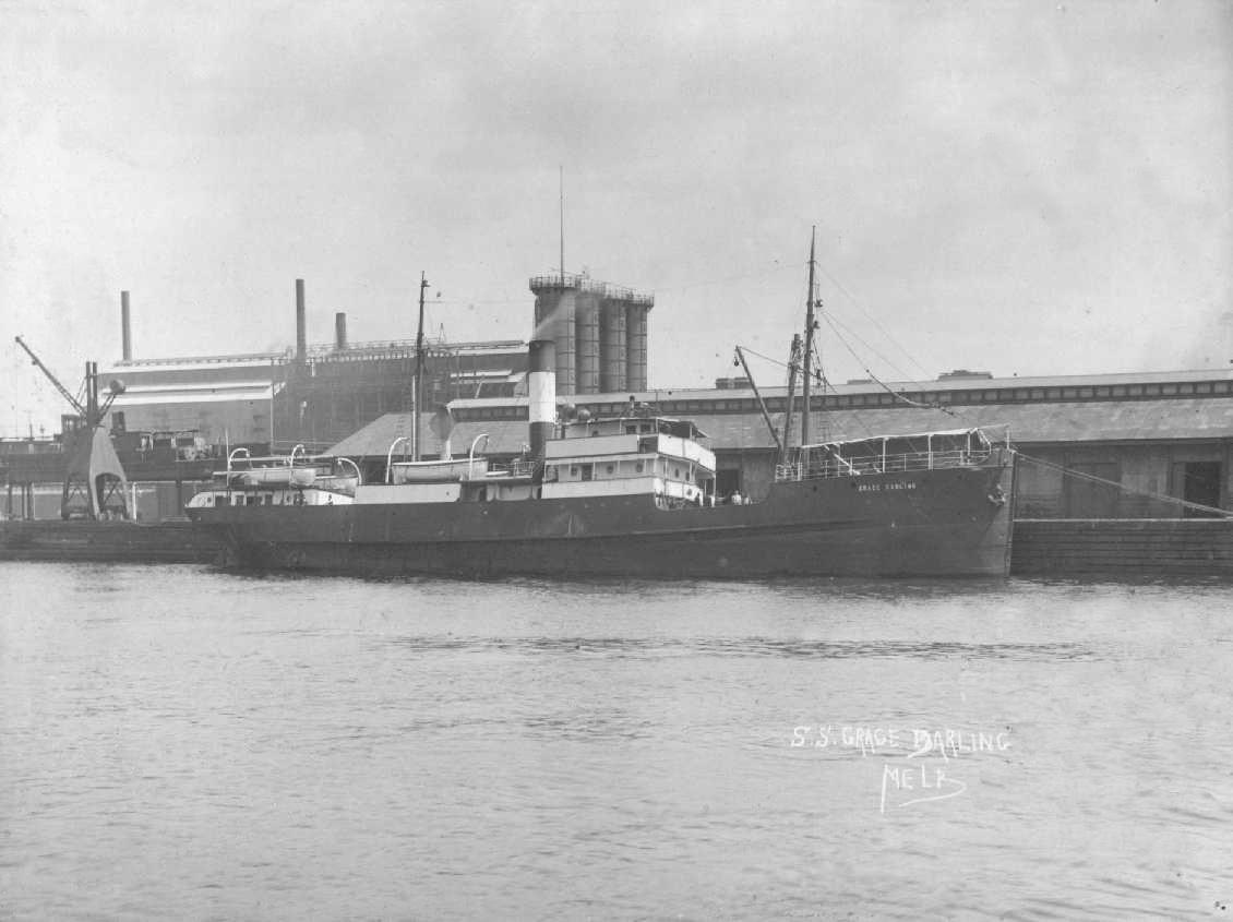 General cargo vessel "Grace Darling", built in 1907 at Hardenfveldt, Holland by Van Vliet & Co for John Darling & Co - Port Adelaide.
Tonnage:  627 gross
Dimensions:  length 175', breadth 27', draught 13'
Official Number:  122722