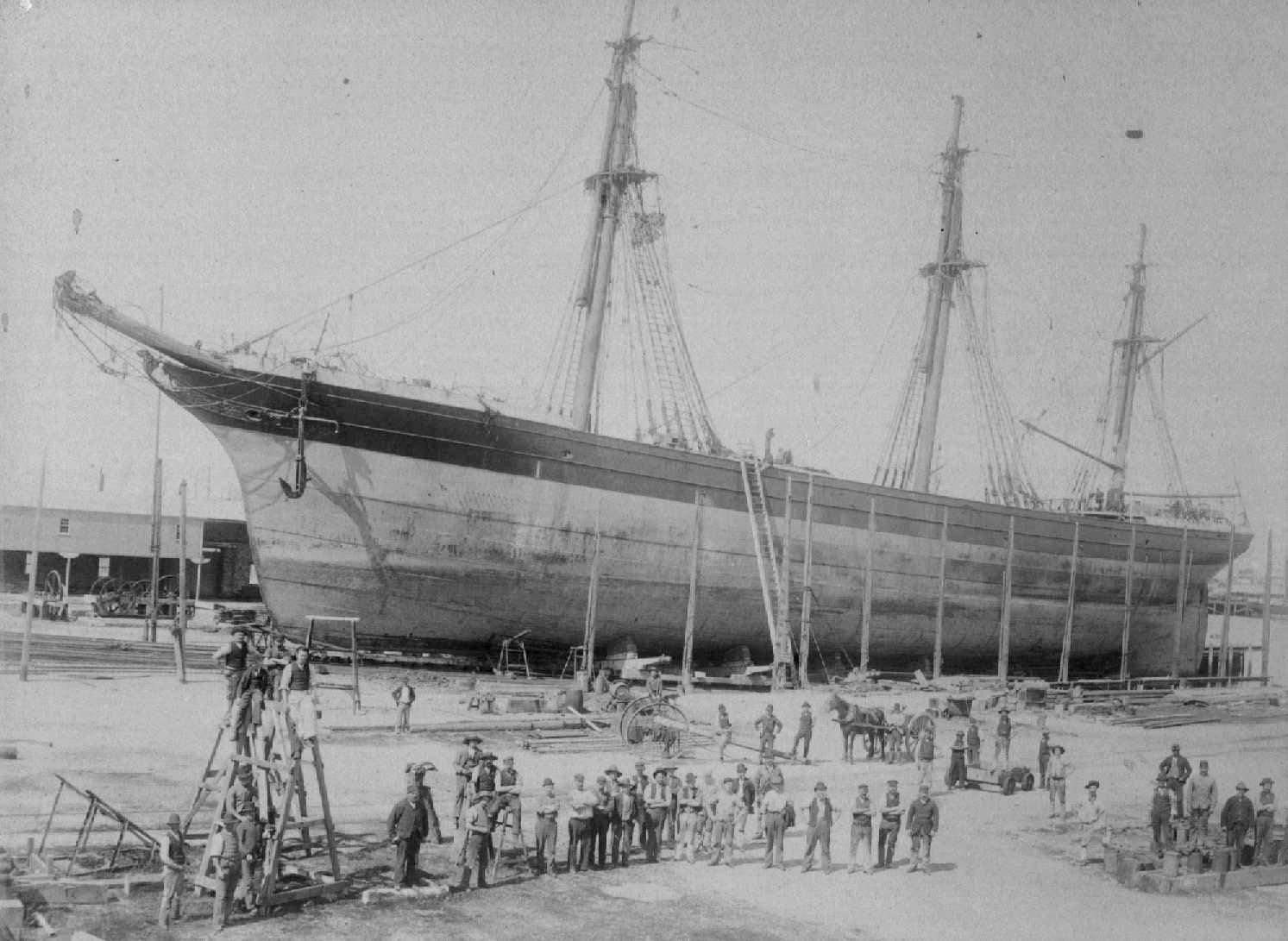 Barque, "Theophane", built in 1868 at Liverpool by R.J. Evans & Co.  Owned by Australasian shipping Co 
Official Number:  58919
Tonnage:  1587 gross
Dimensions:  length 248', breadth 39', draught 24'
Port Of Registry:  Liverpool

This image shows ve