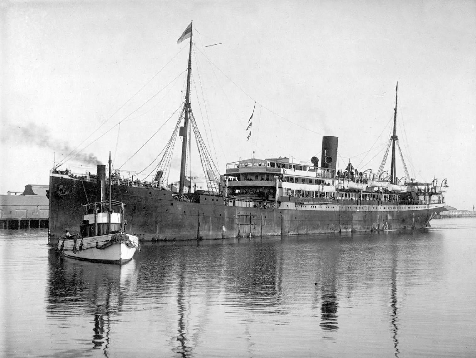 Passenger vessel "Cap Verde", built in 1900 at Flensburg by Flensburg Shipbuilding Co for Hamburg South America Steamship Co.
Tonnage:  5909 gross
Dimensions:  length 410', breadth 48', draught 29'
Port Of Registry:  Hamburg