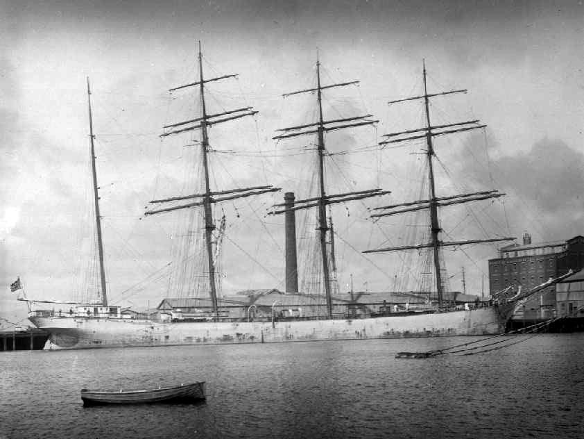 Steel 4 masted Barque "John Ena", built in 1892 at Glasgow by R. Duncan & Co for San Fransisco Shipping Line.
Tonnage:  2842 gross
Dimensions:  length 313', breadth 48', draught 25'
Port Of Registry:  Honolulu