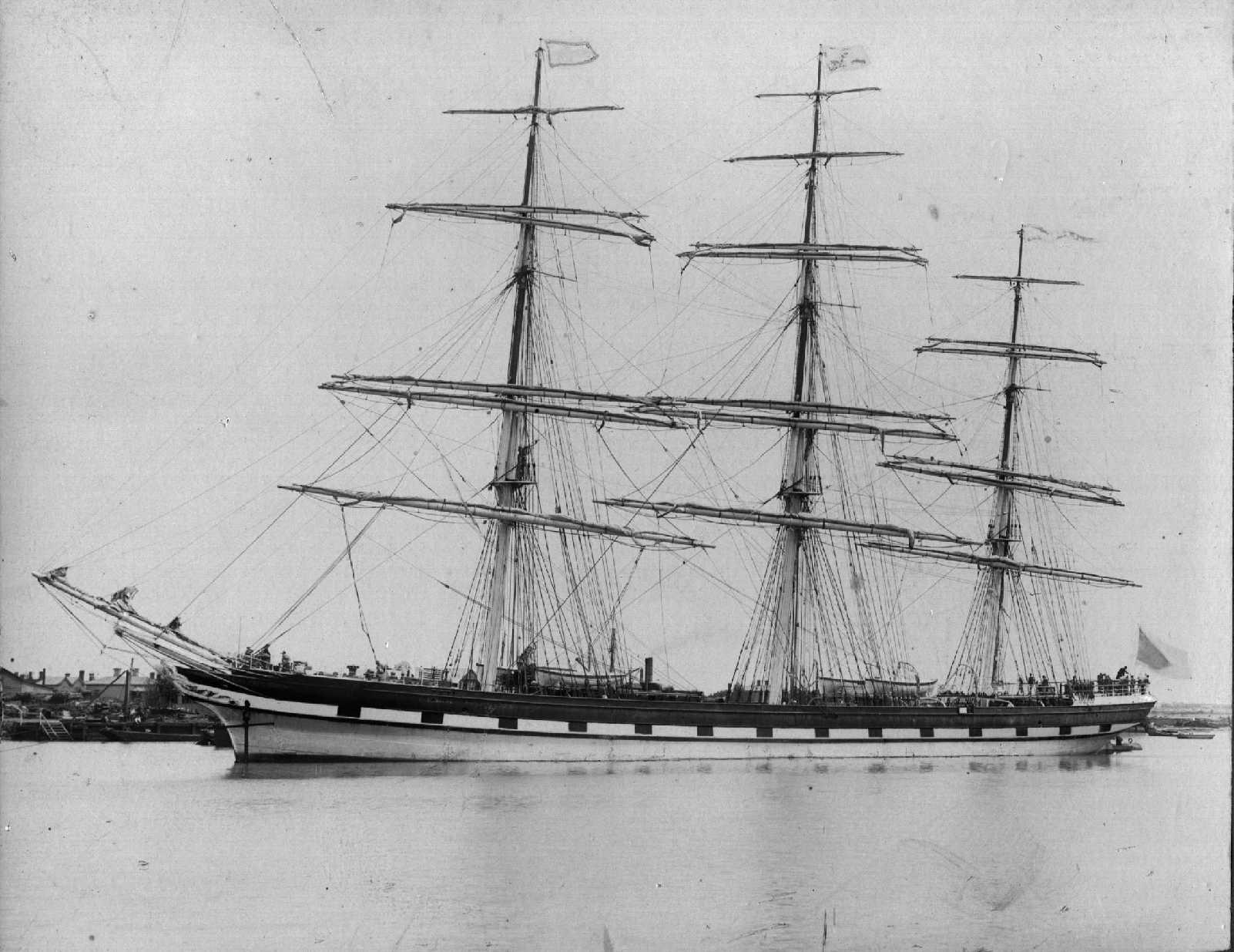 Three masted Barque "Thessalus", built in 1874 at Glasgow by Barclay, Curle & Co.  Owned by A & J.H. Carmichael & Co.
Official Nmbner:  67941
Tonnage:  1782 gross
Dimensions:  length 269', breadth 41', draught 24'
Port Of Registry:  Greenock