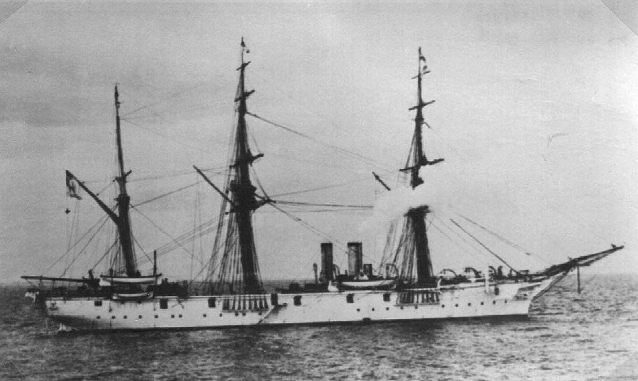 "H.I.M.S Carola", built at Stettin, & Completed in 1881.  Vessel was converted to a Gunnery Training ship in 1893.  Rigged as a Barque, she had two funnels between fore & main masts with steam pipes before; a Clipper bow; topgallant forecastle; two bridge