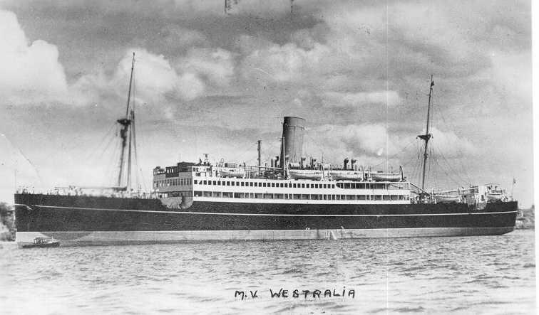 Passenger Vessel "M.V. Westralia", built in 1929 by Harland & Wolff - Belfast.  A twin screw motorship, she took her first voyage from Sydney, Melbourne, Adelaide-Fremantle on 28 September 1929.  This vessel was commissioned as an armed merchant cruiser i