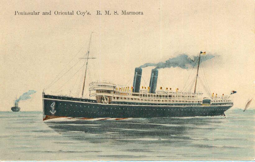 Passenger vessel "Marmora", built by Harland & Wolff Ltd - Belfast, she took her maiden voyage on 13 November 1903.  She operated the route between Uk and Australia via the Suez Canal for P & O until 1914 when she was commandeered as an armed merchant cru