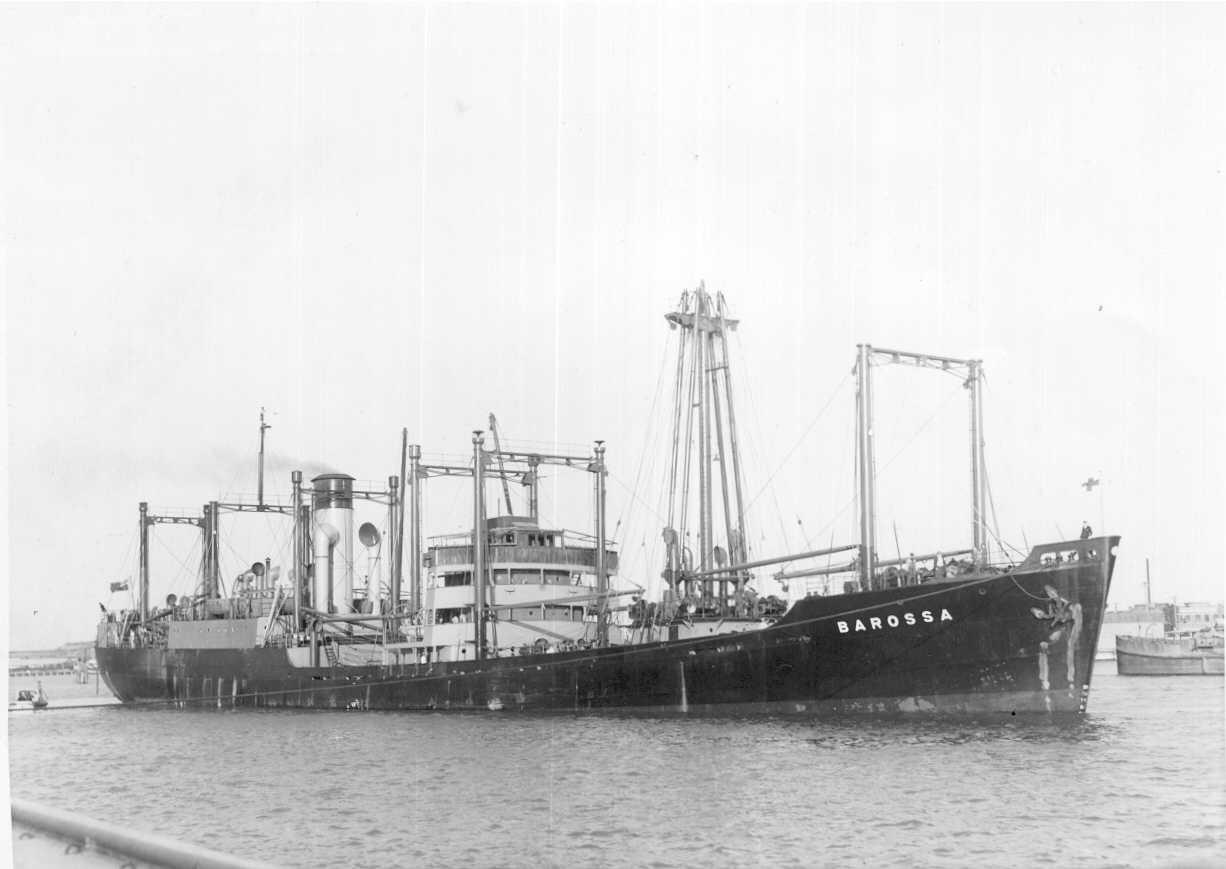 General cargo vessel "S.S. Barossa", built in 1938 by Calendons B & E Co Ltd. - Dundee.  Owned by The Adelaide Steamship Co Ltd.
Tonnage:  4239 gross, 2382 net
Official Number:  159574
Dimensions:  length 367'1", breadth 50'3", draught 24'6"
Port Of R