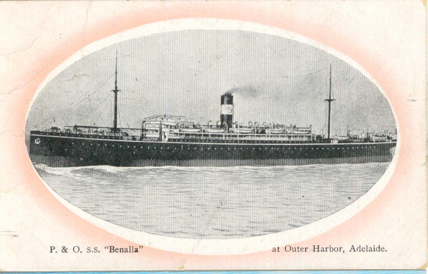 Passenger Vessel "Benalla", built in 1912 by Caird & Co - Greenock and launched on 27 October 1912.  Vessel took her inaugural voyage in March 1913 from London to Sydney.
Base Port:  London
Tonnage:  11118 gross
Dimensions:  length 515', breadth63', dr
