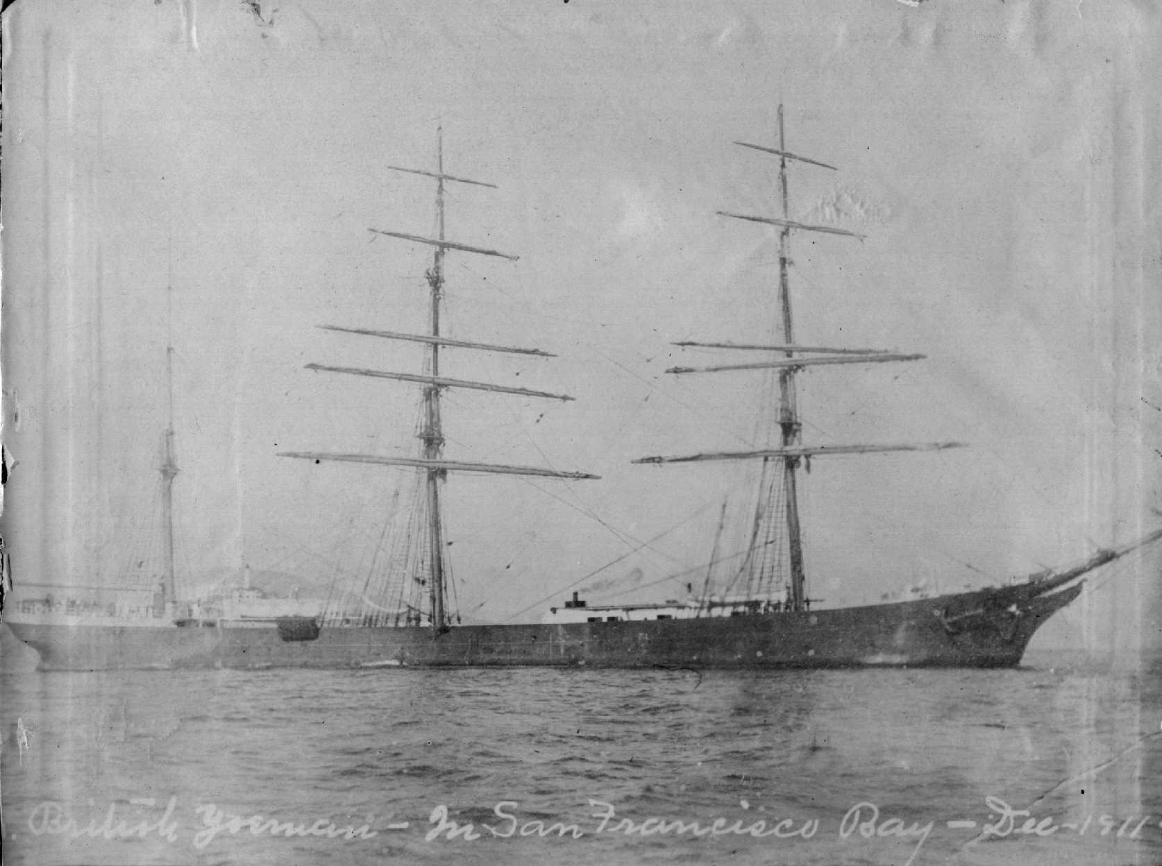 Iron Barque, "British Yeoman", ex "Stefano Razeto', built in 1880 by Oswald, Mordaunt & Co - Southampton.  Owned by Eschen & Minor.
Tonnage:  1953 gross, 1862 net
Dimensions:  length 269'2", breadth 39'8", draught 24'2"
Port Of Registry:  San Fransisco