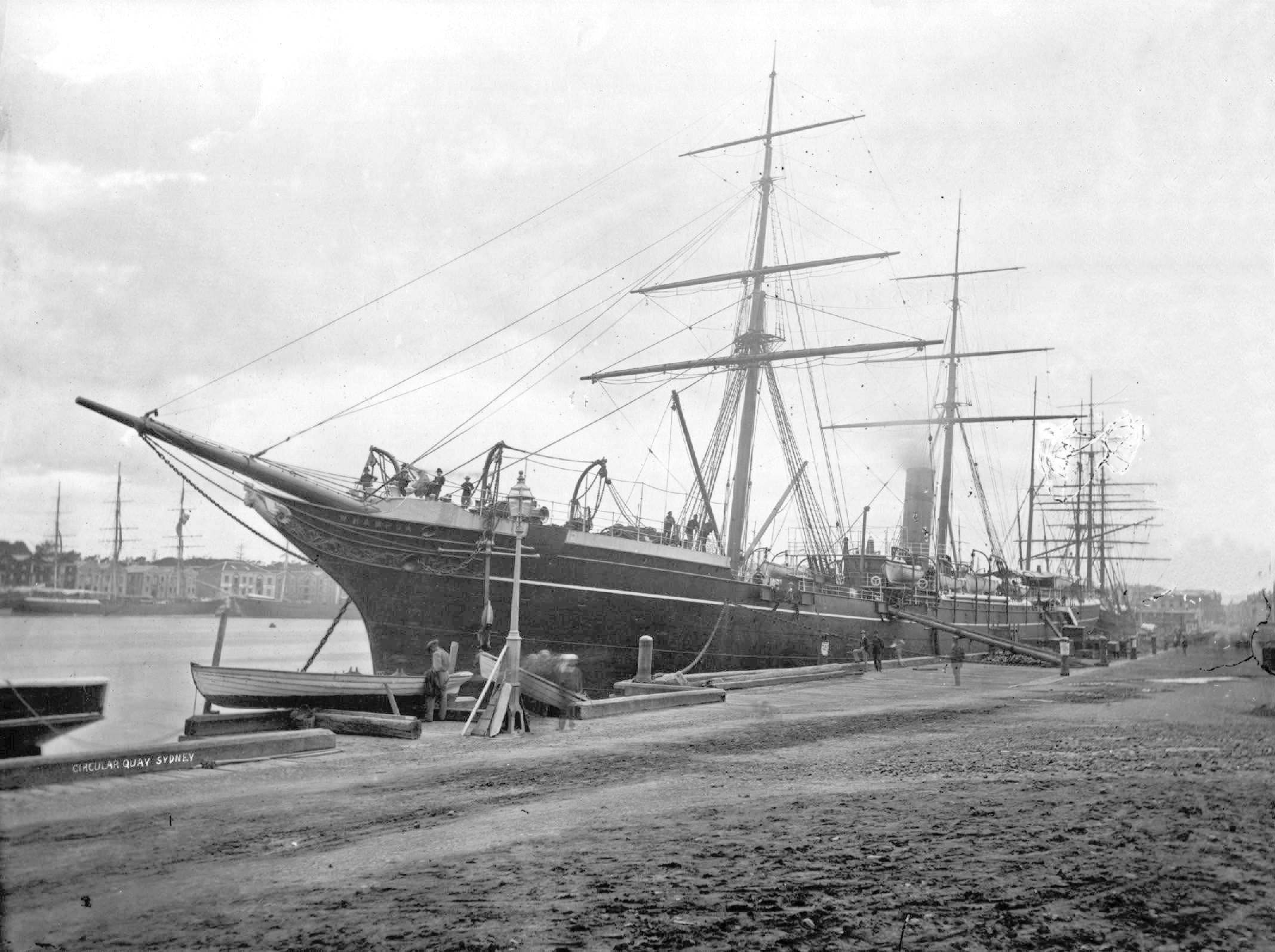 A steel screw steamer, also rigged as a Barque.  Built in 1882 at Greenock by Scott & Co for China Navigation Co Ltd.
Official Number:  86981
Tonnage:  1734 gross
Dimensions:  length 271', breadth 34', draught 24'
Port Of Registry:  London
Machinery:
