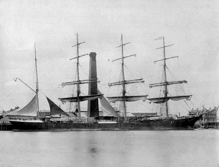 Wooden 4 masted Schooner, "Omega", built in 1887 by Russell & Co - Greenock as "Drumcliff".  Owned by Rhederi Akt. Ges.

Tonnage:  2471 gross
Dimensions:  length 311', breadth 43', draught 24'
Port Of Registry:  Hamburg
Flag:  German