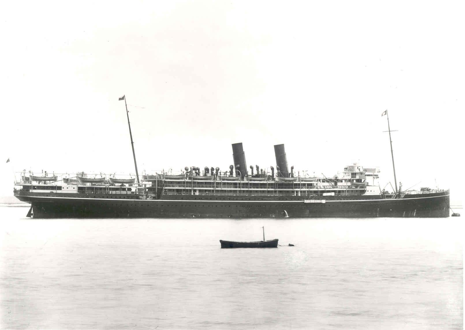 Passenger vessel "Mantua", built in 1909 by Harland & Wolff - Belfast.  This vessel was launched on 20 - 2 - 1909 and completed in April 1909.  She took her inaugural voyage on 4 - 6 - 1909 from London to Sydney.  
Base Port:  London
Tonnage:  10885 gro