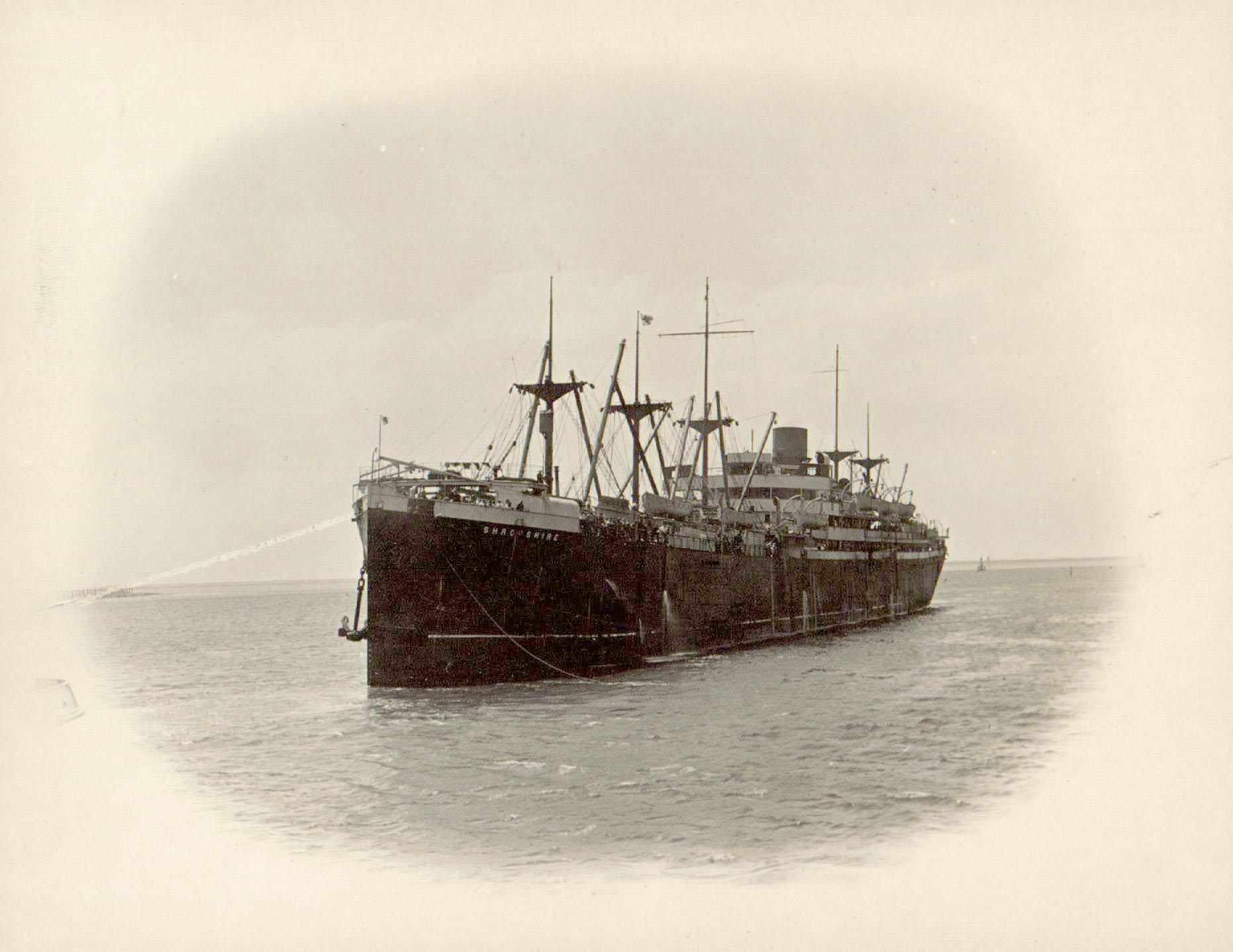 Passenger Cargo vessel "S.S. Shropshire", built in 1911 at Glasgow by John Brown for Federal Steam Navigation Co.  A Steel twin screw, 5 masted Steamship.

Tonnage:  12,184 gross
Official Number:  132607
Port Of Registry:  London
Dimensions:  length 