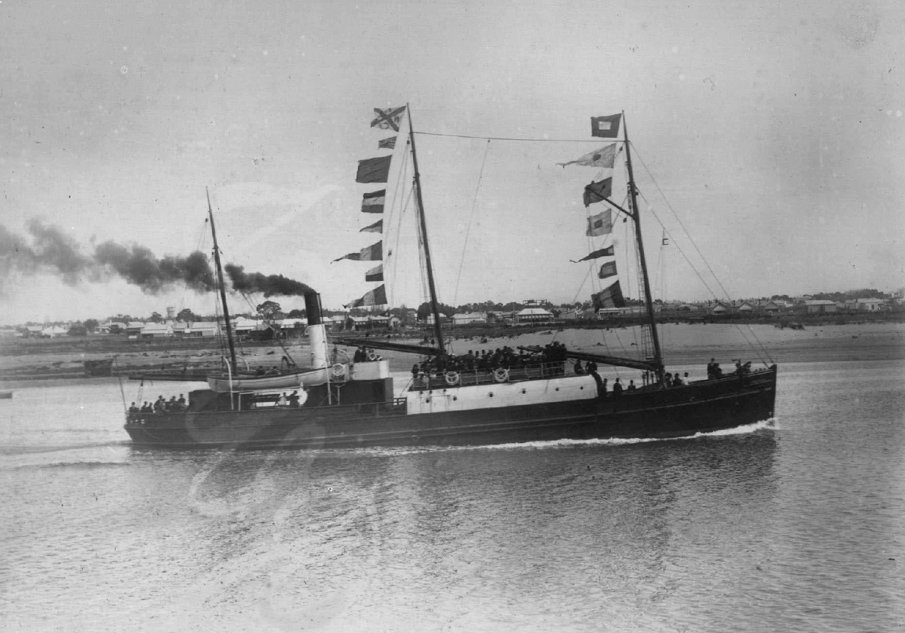 Built 1876 at Auckland by McQuarrie and McCallum for A. McGregor.  Official No. 70362.  163 gross tons, length 114 ft. x breadth 20 ft. x depth 7 ft.  Acquired by A.W. Sandford & Co. in July 1898 who put her on the West Coast run in 1899 and switched her 