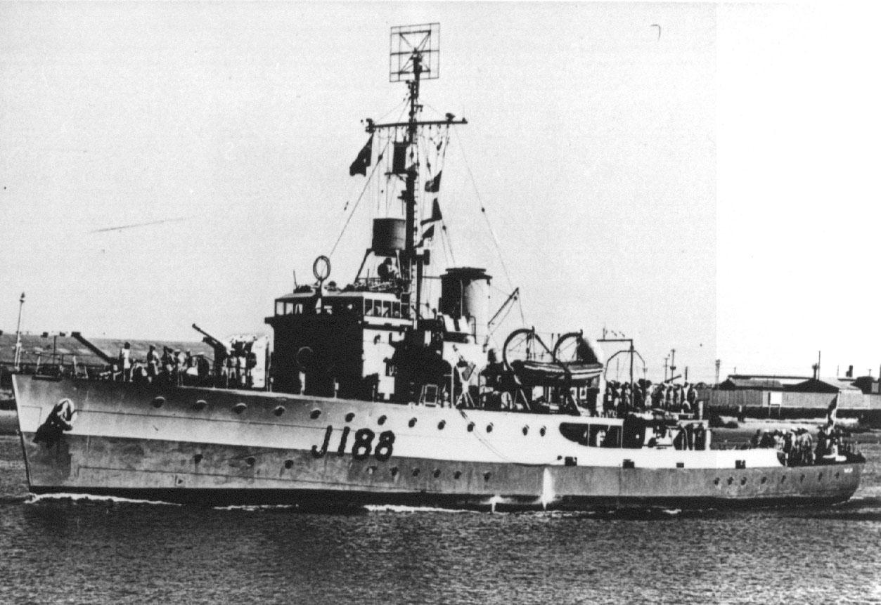 Steaming up the Port River March 1946 after completion of her tour of duty in the Pacific War Zone.
