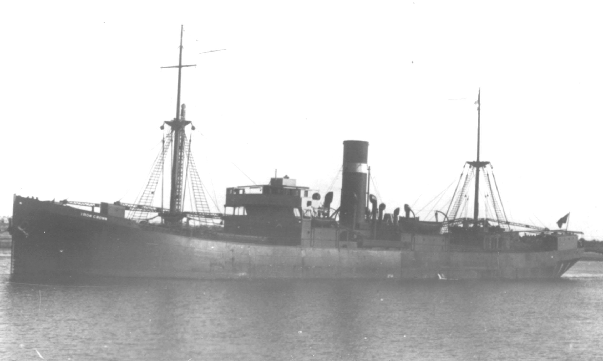 General Cargo vessel, "Iron Crown", ex 'Euroa' - torpedoed in 1942.  Built in 1923 in Williamstown, employed in inter state steelfrom 1923 until 1942.  Owned by C.G.L.; BHP.
Official Number:  151806
Dimensions:  length 331'0", breadth 47'9", draught 23'