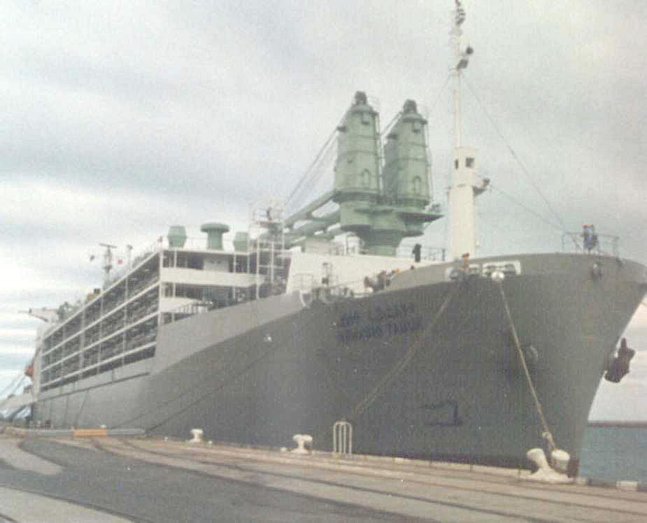 General cargo vessel "Mawashi Tabuk", ex 'Barber Talisman', ex 'Talisman'.  Built in 1977 by Nippon Kokan K.K. - Tsu.  Livestock transport vessel owned by Saudi Livestock transport and trading Co.
Dimensions:  length 171.02, breadth 26.37, draught 9.754m