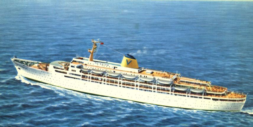 Passenger liner "Fairstar", built by Fairfield Shipbuilding & Engineering Co, Govan, Glasgow as troopship OXFORDSHIRE for Bibby Line (Great Britain).  Government trooping charter cancelled December 1962; laid up in Falmouth.  Bought by Sitmar Line and ref