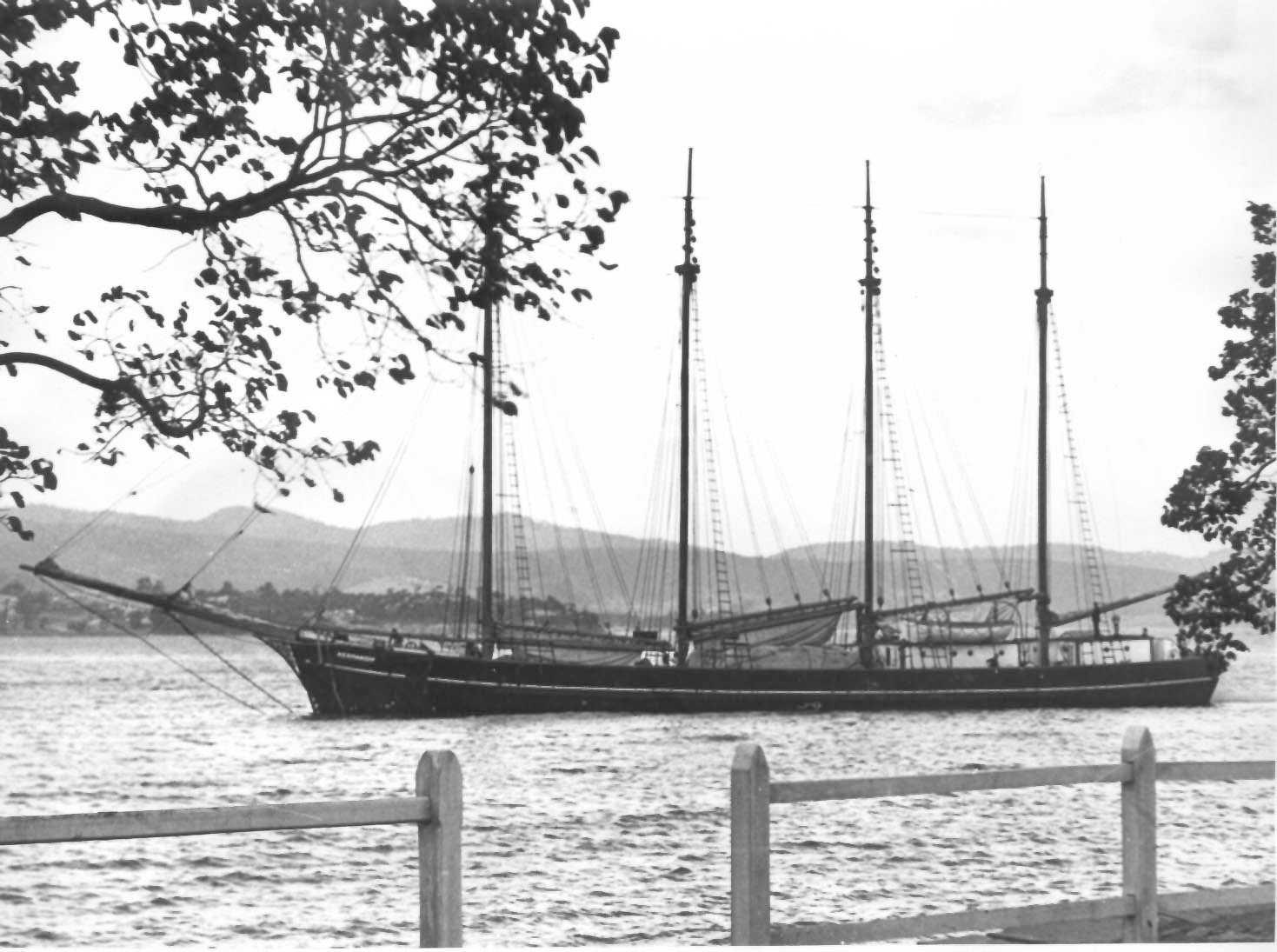 "Kermandie", the last four masted sailing ship to trade in Australian waters.  Built in 1920 by CM McKay of Hobart.  An auxilliary engined wooden schooner with a gross tonnage of 343.  This well known Tasmanian worked continuously until about 1946, often 