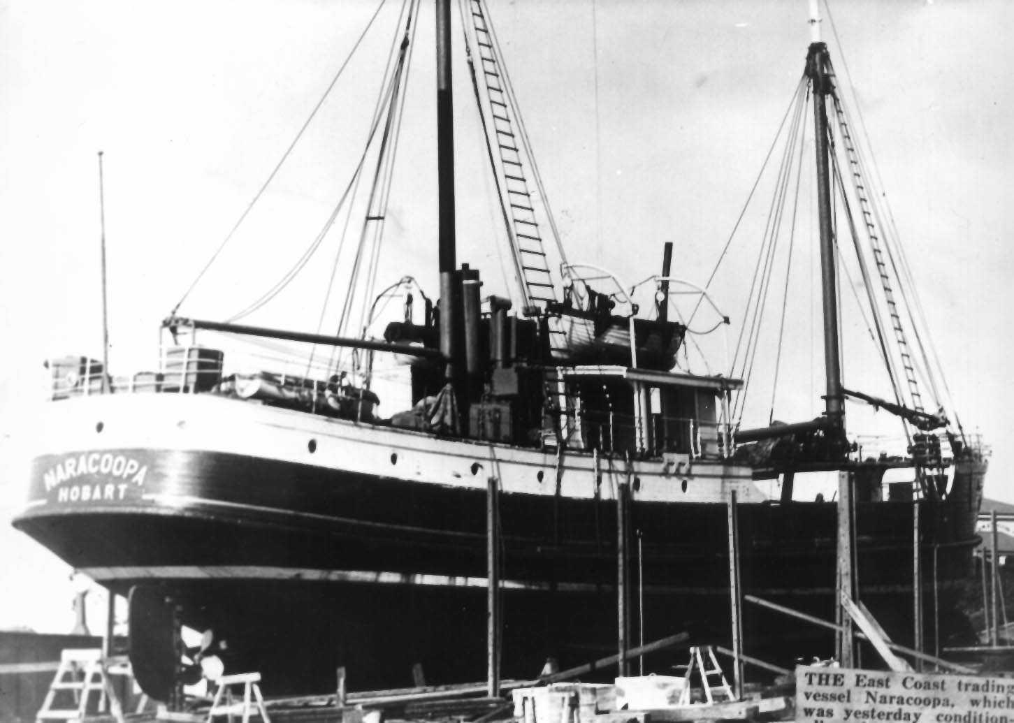 M.V. "Naracoopa", an auxilliary ketch built in 1940 by EA Jack at Launceston.  She was employed in the Bass Strait and Tasmania from 1940 - 1968 owned by the Transport Commission (Govt of Tasmania).  She sank in South Australia.
Tonnage:  297 gross, 198 