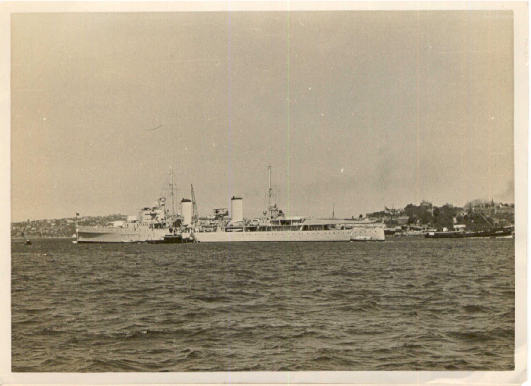 H.M.A.S. "Sydney", a Leander Class Light Cruiser, built by Swan Hunter  at Wallsend-on-Tyne, between 1933 and 1935.  Originally ordered for the Royal Nay, she was bought by the Australian government before launching.  During World war 2 while serving in t