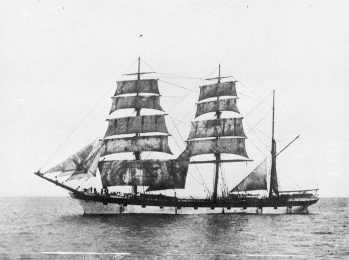 Image: Three masted barque with sails unfurled on ocean