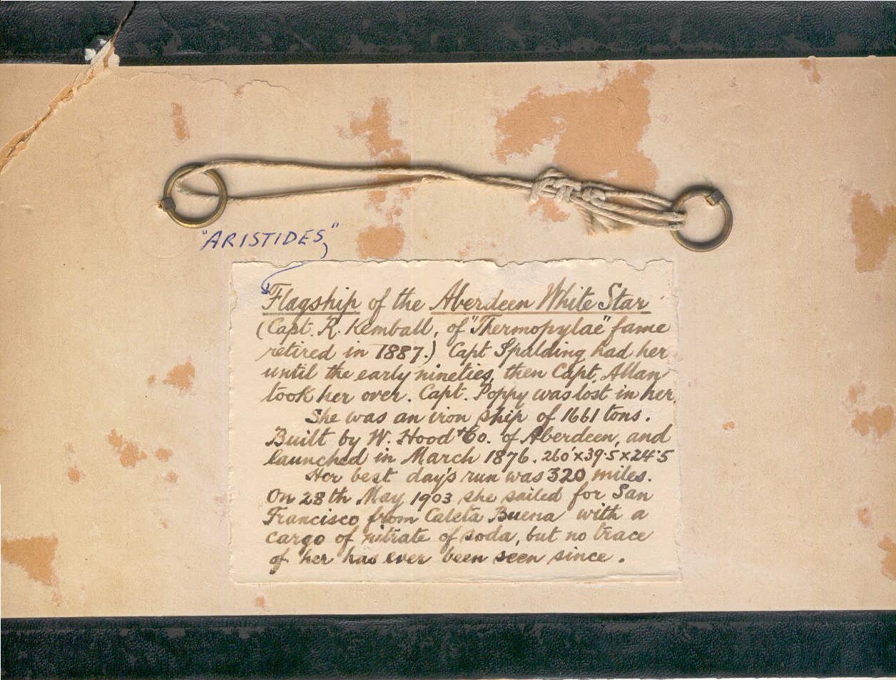 Card which was evidently the backing for a frame photograph of the full rigger "Aristides"