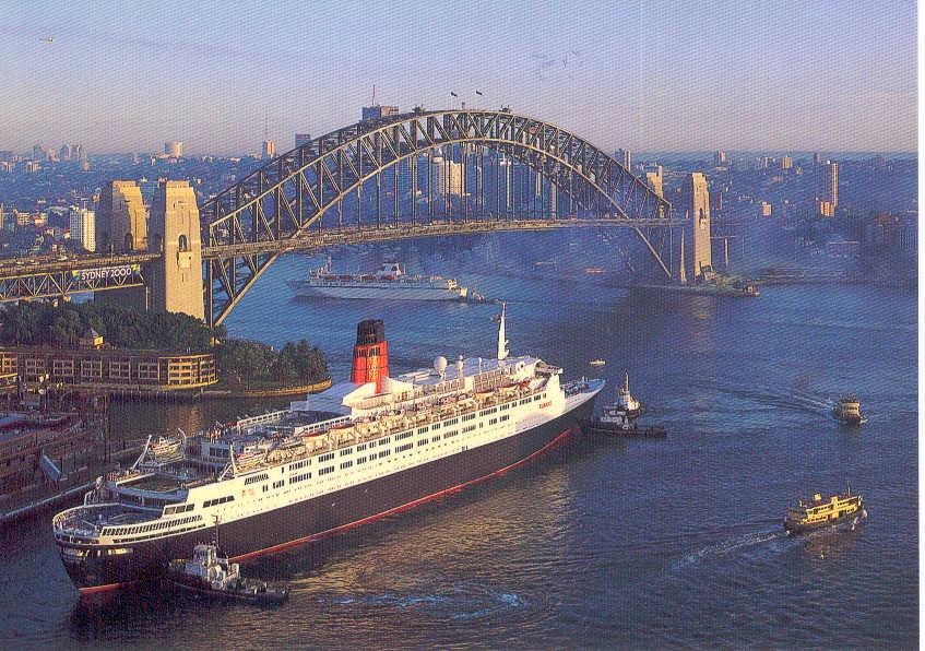 QE II entering Sydney Harbor & Russ passing under the Harbor Bridge.