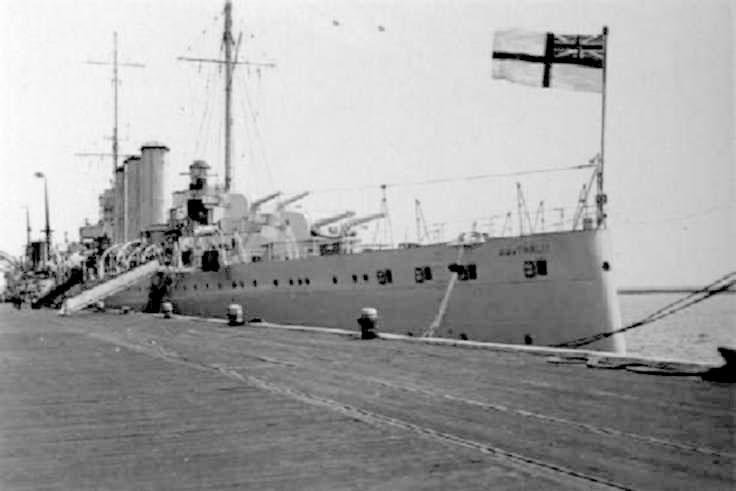 H.M.A.S "Australia", completed 1928, built by John Brown & Co, Clydebank.  In 1940 Australia was in operations against the Vichy French naval forces at Dakar.  In August 1942 she took part in assisting United States forces landing at Guadalcanal in the So