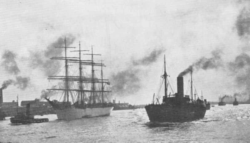 1907 Barque leaving London for Nystad after discharging her cargo of Australian grain in Milwall Dock which she reached 120 days out from Australia