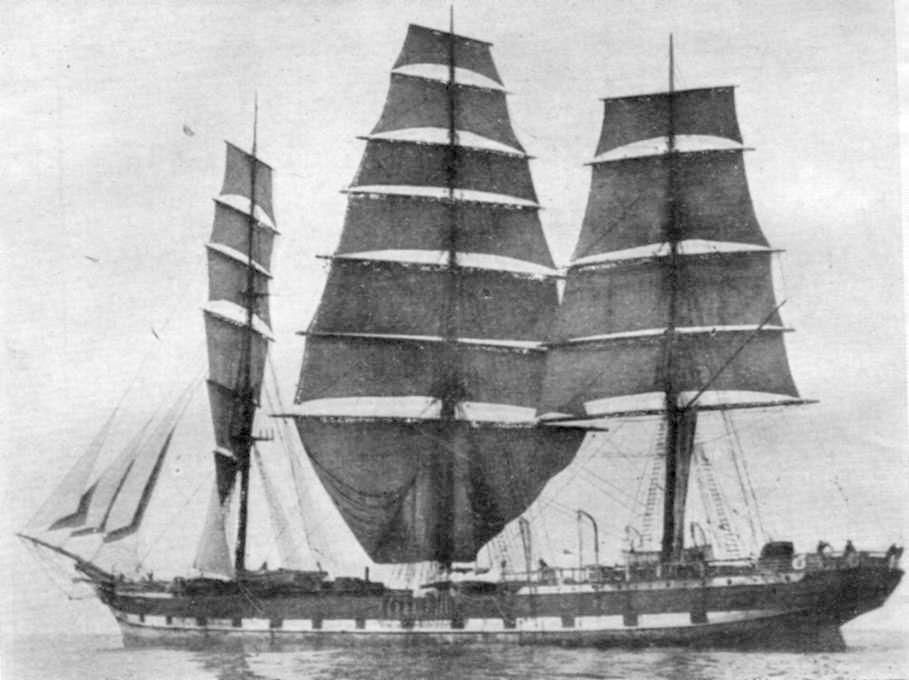 1876 Barque showing her 'hove to'.  Photographed from the ship's boat, a rare photograph of a ship under main skysail.