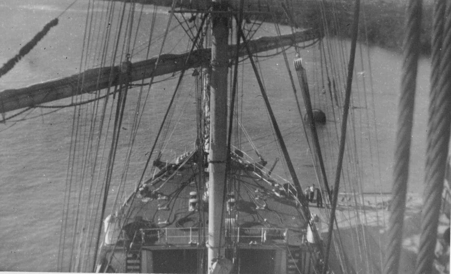 Aerial view of mast, rigging and deck.