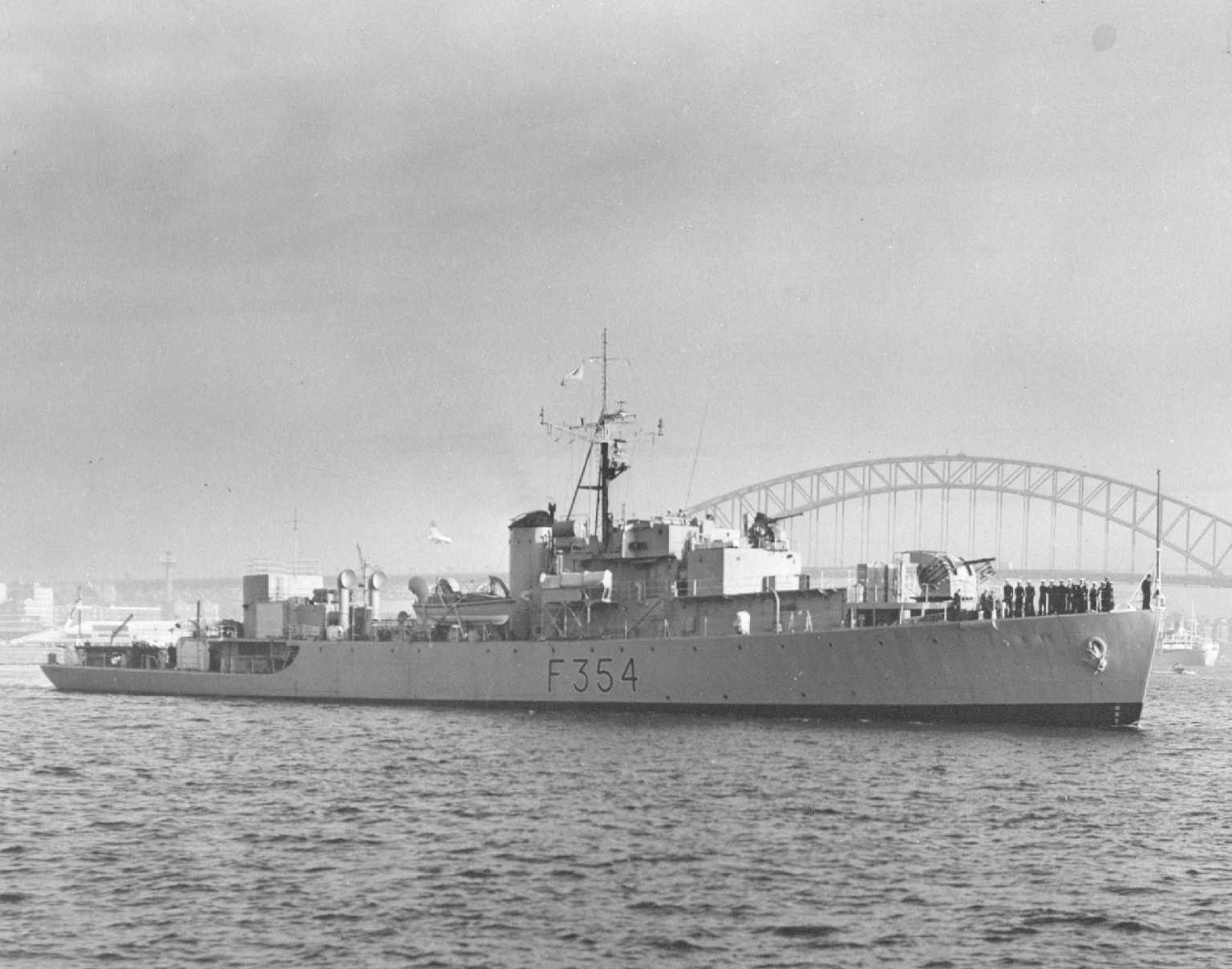 Australian River Class Frigate. This image shows vessel near Sydney Harbour Bridge