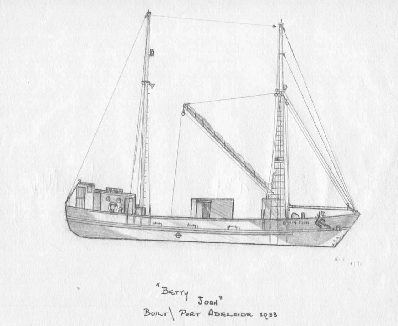 "Ketches of South Australia" by Ronald Parsons describes "Betty Joan" as a 78 gross ton vessel with auxillairy engines which reach 5 knots.   Built by A McFarlane & son, Birkenhead in 1933, she was owned by M Irvine and MB Crouch.   During world war 2, ve