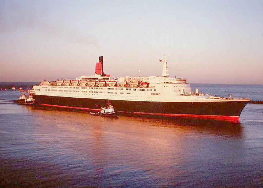 Passenger Liner "Queen Elizabeth 2", built in 1969 by Upper Clyde Shipbuilders Clydebank DIV - Clydebank.  Owned by Cunard Line Ltd.  This liner was the first which was built to combine the tasks of Transatlantic passenger service and holiday cruise ship.