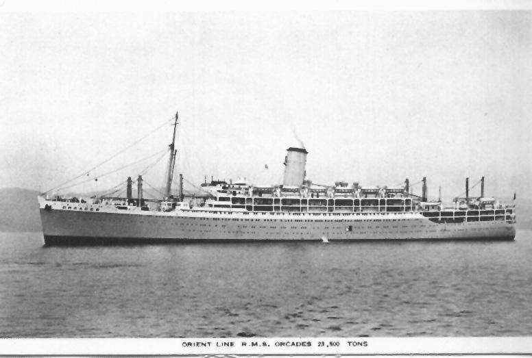 Passenger Vessel "Orcades", built by Vickers Armstrong in Barrow-In-Furness, England and launched on 1 December 1936 by Mrs I.C. Geddes.  Vessel was completed in July 1937 and had her inaugural voyage on 9 December 1937 from London - Brisbane.
Base port: