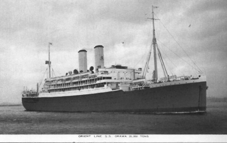 Passenger vessel "Orama", launched on 20-5-1924 by Miss Cook, and completed in October 1924.  Built by Vickers-Armstrong Ltd, Barrow-In-Furness, England.  Owned by Orient Line, she took her inaugural voyage on 15 November 1924 from London - Brisbane.  Ves
