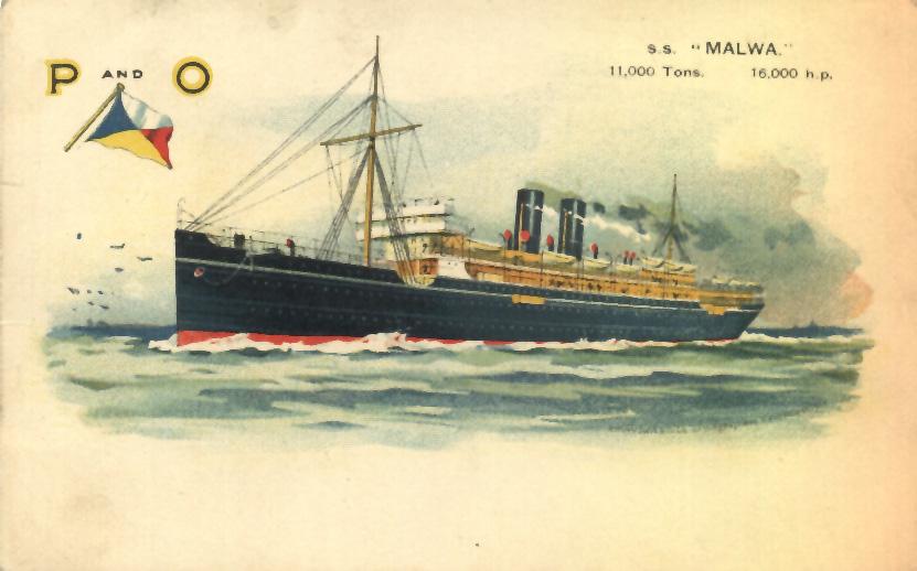 Passenger Vessel "S.S. Malwa".  Owned by P & O Steam navigation Co Ltd, she has a horse power of 16000.  Worked the India & ChinaMail and passenger service.

Tonnage:  11000
 
This image shows vessel on her maiden voyage on 6 - 3 - 1909.