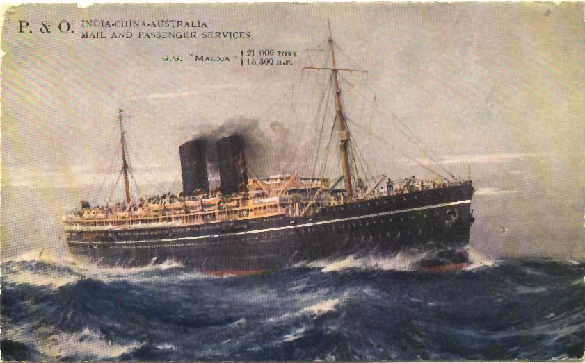 Passenger vessel "Maloja", launched 19 April 1923 and completed in October 1923.  Built by Harland & Wolff - Belfast, Northern Ireland.  This vessel made her inaugural voyage on 18 January 1924 from London - Sydney.  The vessel was owned by P & O Steam na