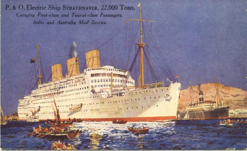 Passenger vessel "Strathnaver", built by Vickers-Armstrong Ltd, Barrow-In-Furness, England.  Launched on 5 February 1931 by Lady Bailey and completed in September 1931.
Inaugural Voyage:  2 October 1931 (London - Sydney)
Base Port:  London
Gross Tonnag