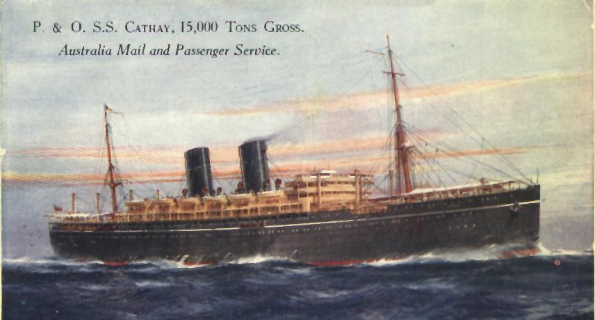 Passenger vessel "S.S. Cathay", launched on 31 October 1924 by Countess Of Inchcape, and completed in March 1925.  Built by Barclay, Curle & Co, Glasgow, Scotland, she took her maiden voyage on 27 March 1925 from London - Sydney.
Base port:  London
Gros