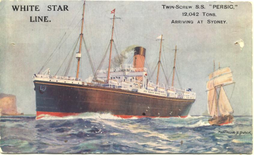 Passenger Vessel "S.S. Persic", owned by White Star Line.  A Twin Screw Steamer of 12,042 tons.  This image shows vessel arriving at Sydney.  (painted illustration)