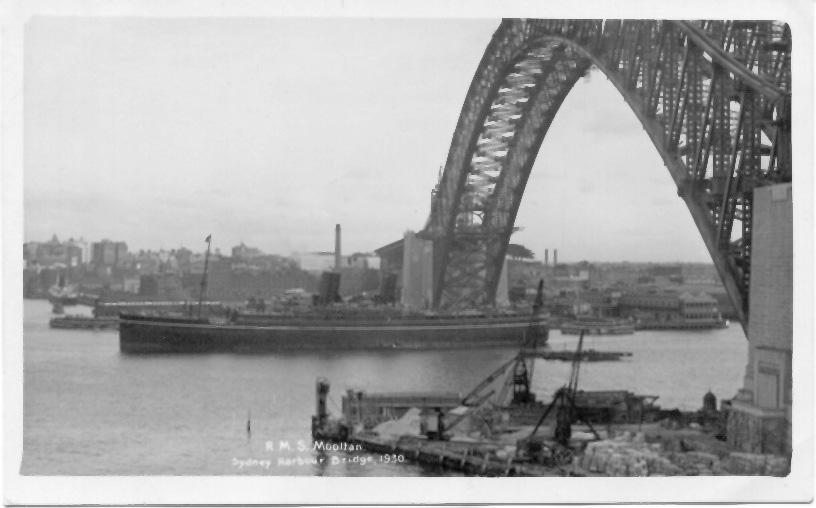 Passenger Vessel "Mooltan", launched on 15 - 2 - 1923 and completed in September 1923.  Built by Harland 7 wolff Ltd, Belfast, Northern Ireland.  She took her maiden voyage on 21 December 1923 from London to Sydney.
Base port:  London
Gross Tonnage:  In